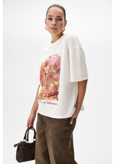 Grımelange Olende Kadın Relaxed Fit Baskılı Yuvarlak Yakalı Ekru T-shirt