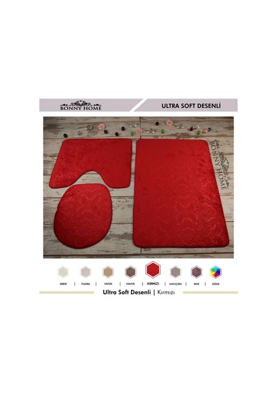 Ultrasoft Desenli Kırmızı 3 Lü Banyo Paspası Halısı Seti Kaymaz T Kırmızı