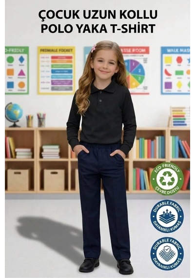 Erdem Kıds Unisex Kız Erkek Çocuk Polo Yaka Pamuklu Uzun Kol Siyah Günlük Basic Okul Tişört