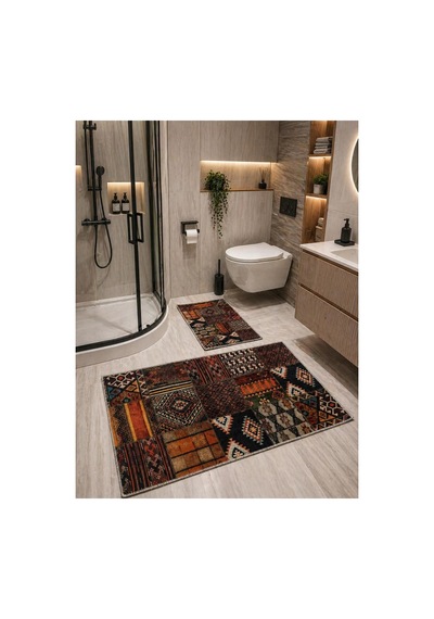 Buççin Online Mağaza Baskı Desenli Kaymaz Taban Koku Yapmayan 60 100 2'li Banyo Paspas Takımı Polyester İnce 6 Mm Altı Çok Renkli