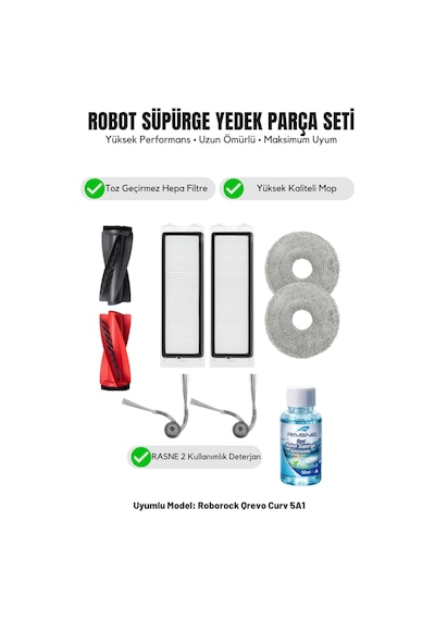 Roborock Qrevo Curv 5a1 İle Uyumlu 1 Ana Fırça 2 Yan Fırça 2 Filtre 2 Mop 1 Deterjan 3.0