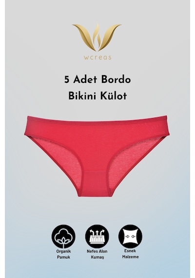 Wcreas Kadın Bikini Külot, Normal Bel Pamuklu Yumuşak Kumaş Slip Külot Bordo