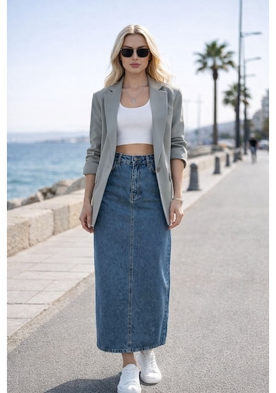 Dema Effectli Kadın Yüksek Bel Pamuklu Bilek Boy Denim Etek İndigo