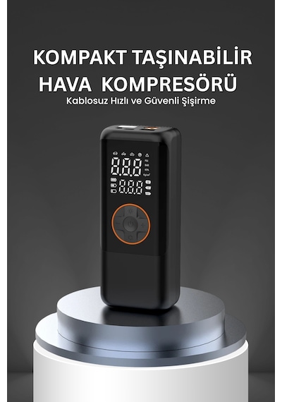 4500 Mah Şarjlı Taşınabilir Araba Lastik Hava Top Şişirme Pompası Led Işıklı Dijital Hava Kompresörü Siyah