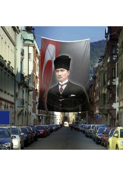 Ay Yıldız - Kalpaklı Gazi Mustafa Kemal Atatürk Cephe Poster Bayrağı -4x6 Metre 1