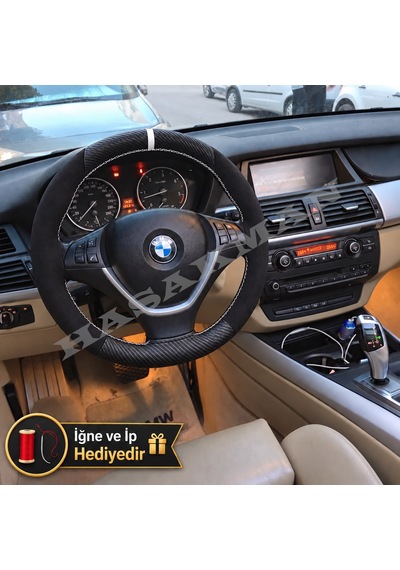 Bmw X6 E71/e72 Dikme Direksiyon Kılıfı Alcantara Süet Mat Karbon Beyaz Yüzük Ve Dikiş 2008-2014 Siyah