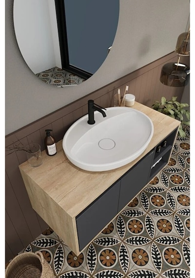 Gül 90 Cm %100 Mdf Lavabolu Banyo Dolabı Ayna Alt Dolap Lavabo Boy Dolabı Antrasit