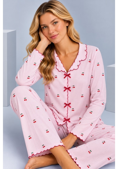 Pijamask Kadın Desenli Fiyonk Detaylı Düğmeli Uzun Kollu Müslin Pijama Takımı Pembe