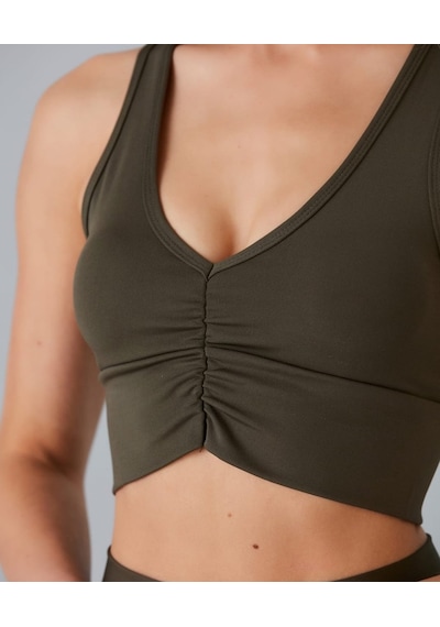 Aurafit Kadın Önü Büzgülü Arkası Çapraz Kaplı Croptop/büstiyer Haki Yeşil