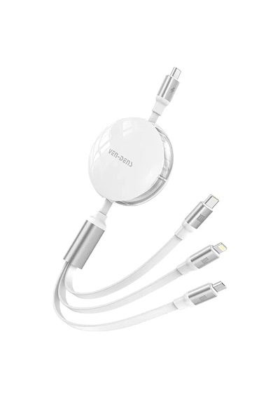 Ven-dens Vd-dca08 100 W Pd 3 Ü 1 Arada Makaralı Şarj Kablosu, Type-c, Lightning Ve Micro, Beyaz