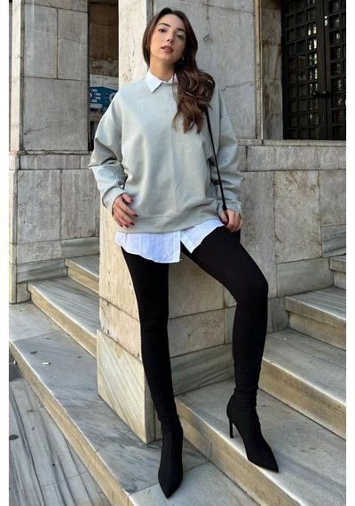 Boyalı Gri Bisiklet Yaka Basic Sweatshirt Mg2185