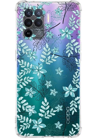 Oppo A94 Uyumlu Köşe Korumalı Floral Su Yeşili Tasarımlı Şeffaf Silikon Kılıf