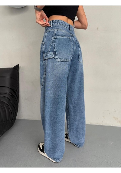 Baloon Fit Dikiş Detaylı Balta Cepli Dark Blue Jean Mavi