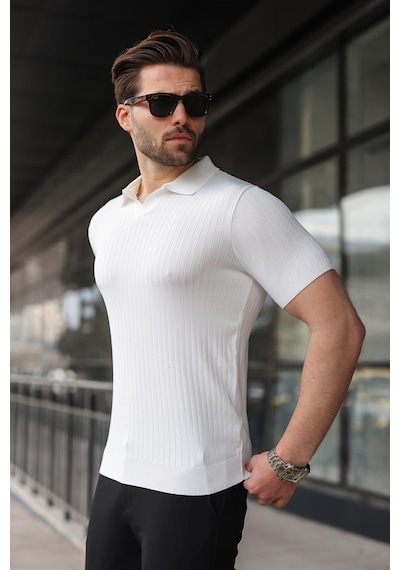 Madmext Beyaz Polo Yaka Triko Erkek Tişört E7461 Beyaz
