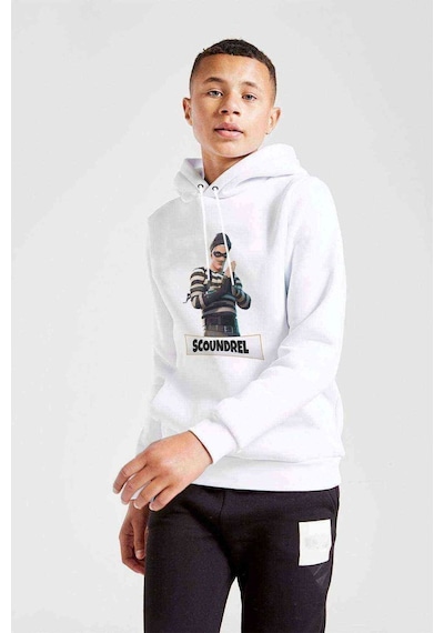Tshirthane Scoundrel Fortnite Baskılı Unisex Çocuk Kapüşonlu Beyaz Sweat Beyaz