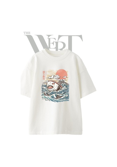 Thewert Sushi Shark 1 Tasarım Baskılı Ünisex Beyaz Oversize T-shirt