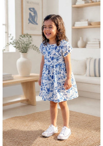 Eray Alp Kids Kız Çocuk Çiçek Desenli Mavi Keten Elbise Yazlık Günlük Model