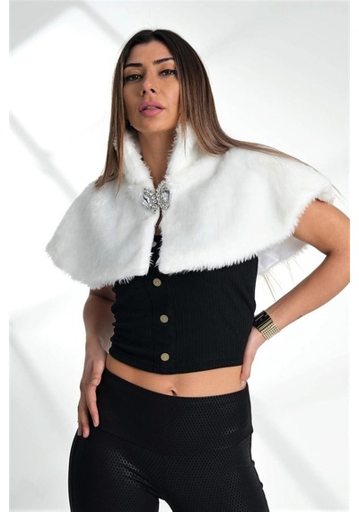Genel Beyaz Broşlu Kürk Etol Bolero