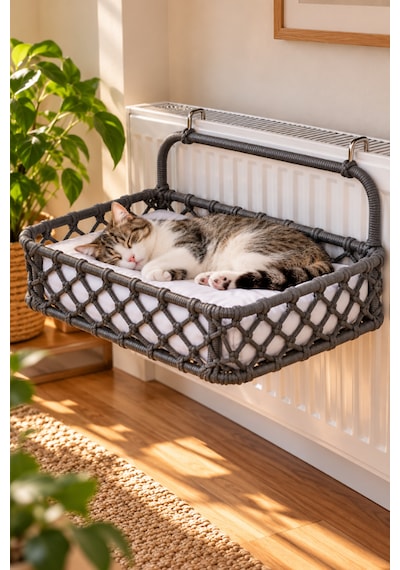 Reyo Tasaryum 48x35 Cm Kedi Köpek Kalorifer Yatağı, Radyatöre Asılan Kedi Hamağı, Puf Minderli El Yapımı Evcil Hayvan Yatağı Füme
