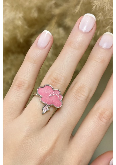 Şimşek Bulut Figürlü Pembe Yüzük Enerjik Ve Eğlenceli Tasarım, Ayarlanabilir Unisex Model Gümüş - Gri