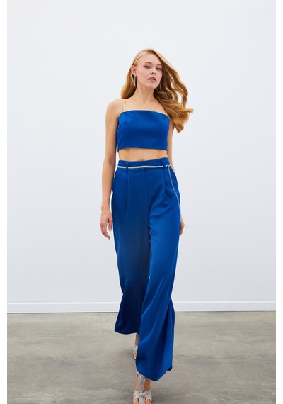 Sateen Taş Kemerli Saten Pantolon - Mavi-134978 Mavi