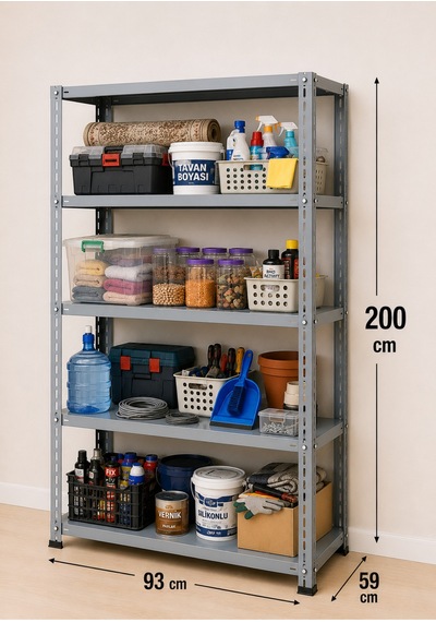 5 Katlı Çelik Raf Sistemi - Depo, Arşiv, Kiler, Dosya, Market, Çiçek, Ayakkabı Rafı 59x93x200 Cm Kalınlık 1.00 Mm Gri