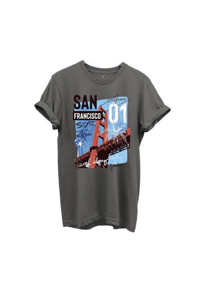 San Francisco California Yazılı Golden Gate Köprüsü Baskılı %100 Pamuk Regular Fit Unisex T-shirt Gri