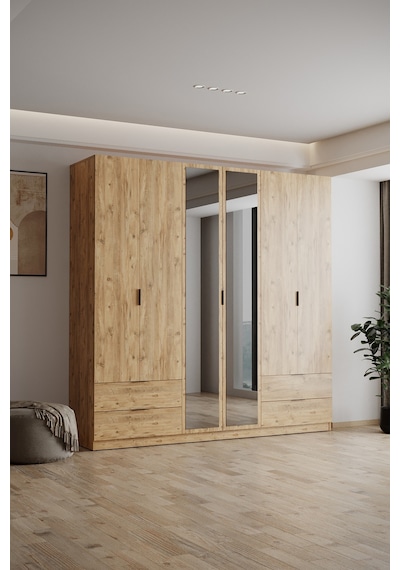 Evdemo Yakut Aynalı 6 Kapaklı 4 Çekmeceli Gardırop 210 Cm Atlantik Çam