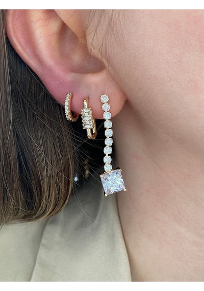 Pinery Jewels Kadın İri Kare Taşlı Sallantılı 3'lü Küpe Seti Altın
