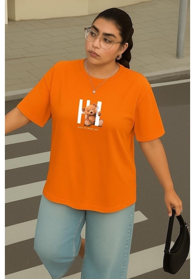 Büyük Beden Ayıcık Baskılı Unisex Tişört Turuncu