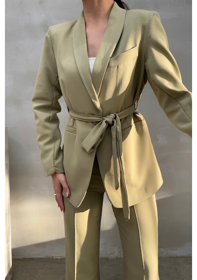 Msm Fashion Kadın İkili Kuşaklı Blazer Ceket Pantolon Takım Açık Haki