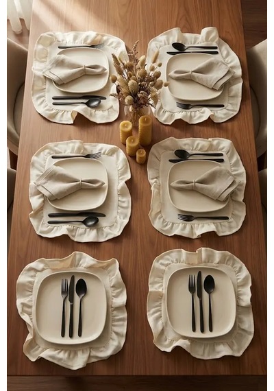 Pamuklu Fırfırlı Kare Supla 6'lı Set Amerikan Servis 33 Cm Supla Açık Krem