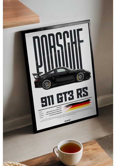 Porsche 911 Siyah Ahşap Çerçeveli Poster, Dekoratif Motosiklet Duvar Tablosu Çok Renkli
