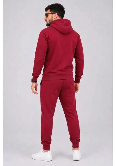 Defymoda Erkek İki İplik Kapüşonlu Kanguru Cepli Sweatshirt Jogger Pantolon Alt Üst Eşofman Takımı -bordo