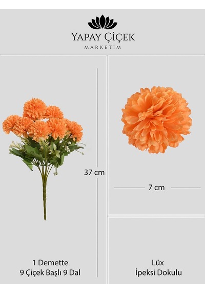 Turuncu Yapay Krizantem Çiçeği Demeti 9 Dallı Lüx İpeksi Dokulu 37 Cm