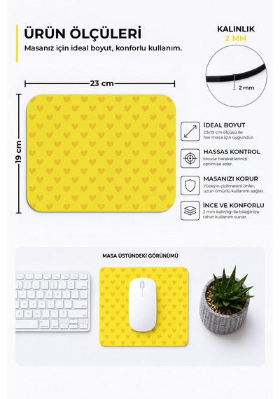 Sarı Renkli Kalpli Desenli Ergonomik Mouse Pad, Kaymaz Yüzey İle Ev Ve Ofis Kullanımı İçin İdeal