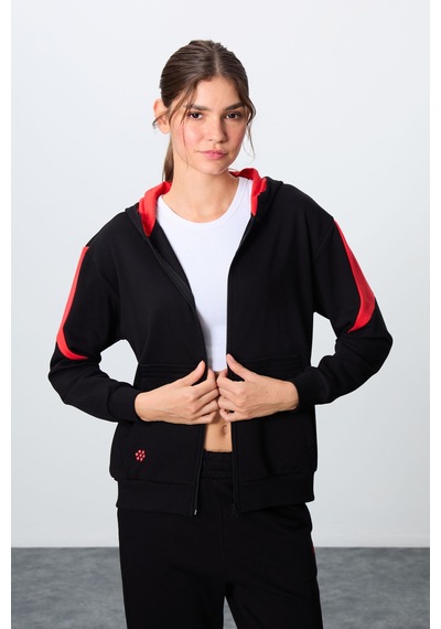 Tommy Life Siyah Kompakt Pamuklu Kalın Pürüzsüz Dokulu Kapüşonlu Oversize Fit Kadın Eşofman Takım - 95343 Siyah