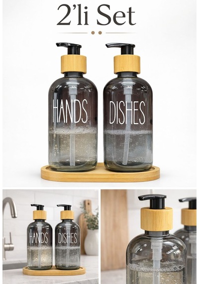 Buççin Online Mağaza 2 Li Cam Sıvı Sabunluk Seti Ahşap Standlı Mutfak&banyo İçin Şık Dispenser Hands & Dishes Cam Siya Çok Renkli
