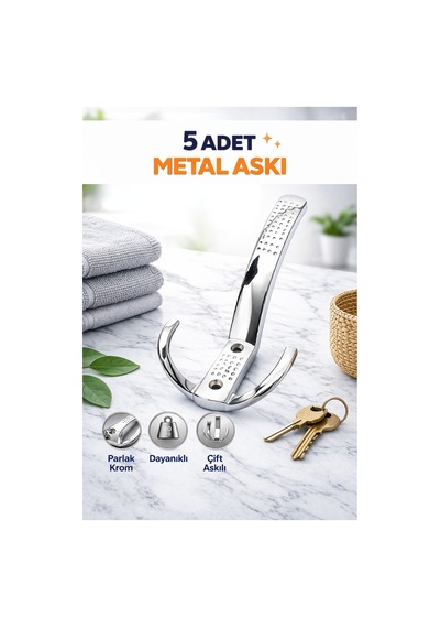 5 Adet Noktalı Metal Askı Parlak Krom Portmanto Askılık Vestiyer Dolap Elbise Askısı Çift Kancalı Gümüş