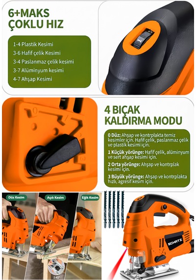 Schatz 800 W Lazerli Devir Ayarlı Dekupaj Testere Makinesi Turuncu + 5 Adet Testere Ucu