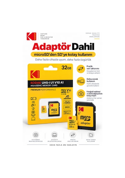 32gb Microsdhc Hafıza Kartı Uhs-ı U1 V10 A1 Class 10 85 Mb/s Full Hd Destekli Sd Adaptörlü