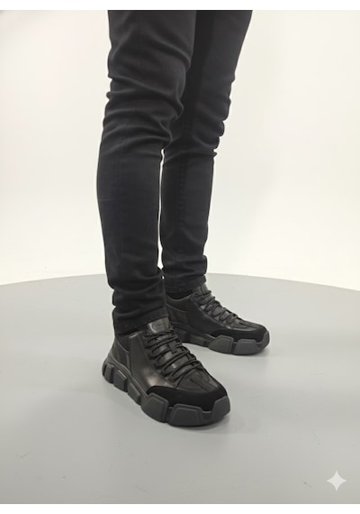 Marcomen Hakiki Deri Kalın Taban Bağcıklı Erkek Sneaker Ayakkabı 20006 Siyah