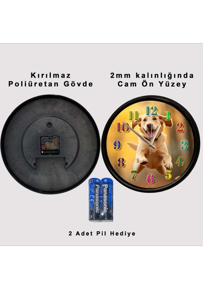 Koşan Labrador Köpek Tasarımlı Dekoratif Duvar Saati 28 Cm Sessiz Mekanizma Çok Renkli