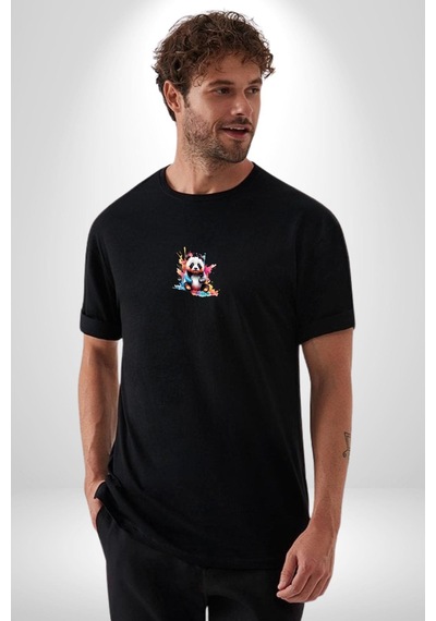 Renkli Yavru Panda Siyah Oversize Unisex Ön Orta Minimal Baskılı Tişört Siyah
