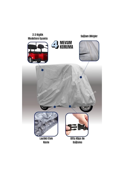 Gri Kabinli 3 Kişilikli Moped Brandası, 3 Teker Kabin Brandası