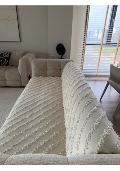 Sakallı Şönil Kumaş Çizgili Koltuk Örtüsü 170x200 Cm Krem