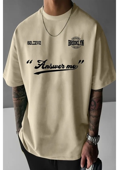 Unisex Answer Baskılı Oversize Tshirt Bej