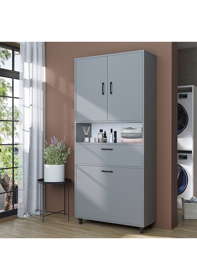 Çamaşır Sepetli Banyo Dolabı, Çok Amaçlı Dolap 90 X 200, Roomart Kül Gri