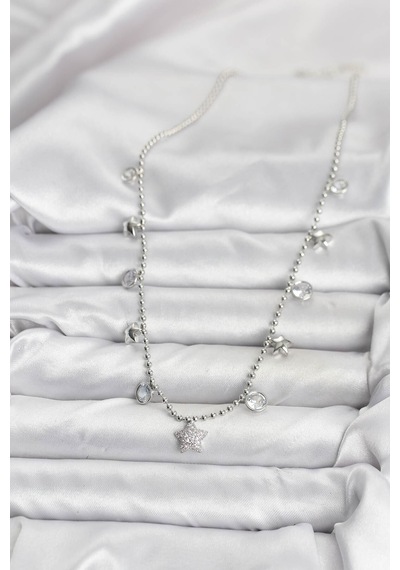 Pirinç Gümüş Renk Yıldız Model Kadın Kolye Renk Renk