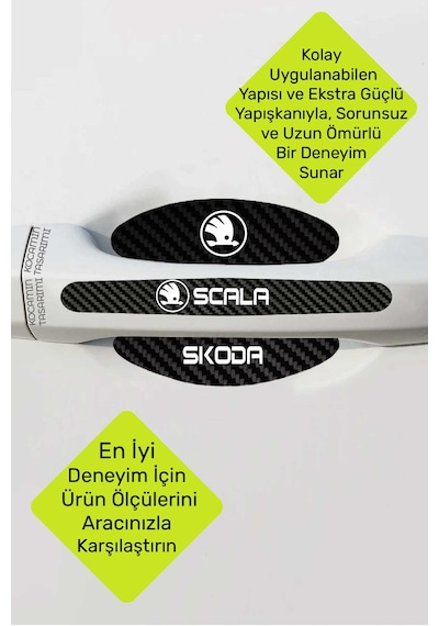 Karbon Dokuya Sahip Skoda Scala Kapı İçi Kolları Koruma Seti Şık Beyaz Yazı Detaylı 8 Parça Ürün
